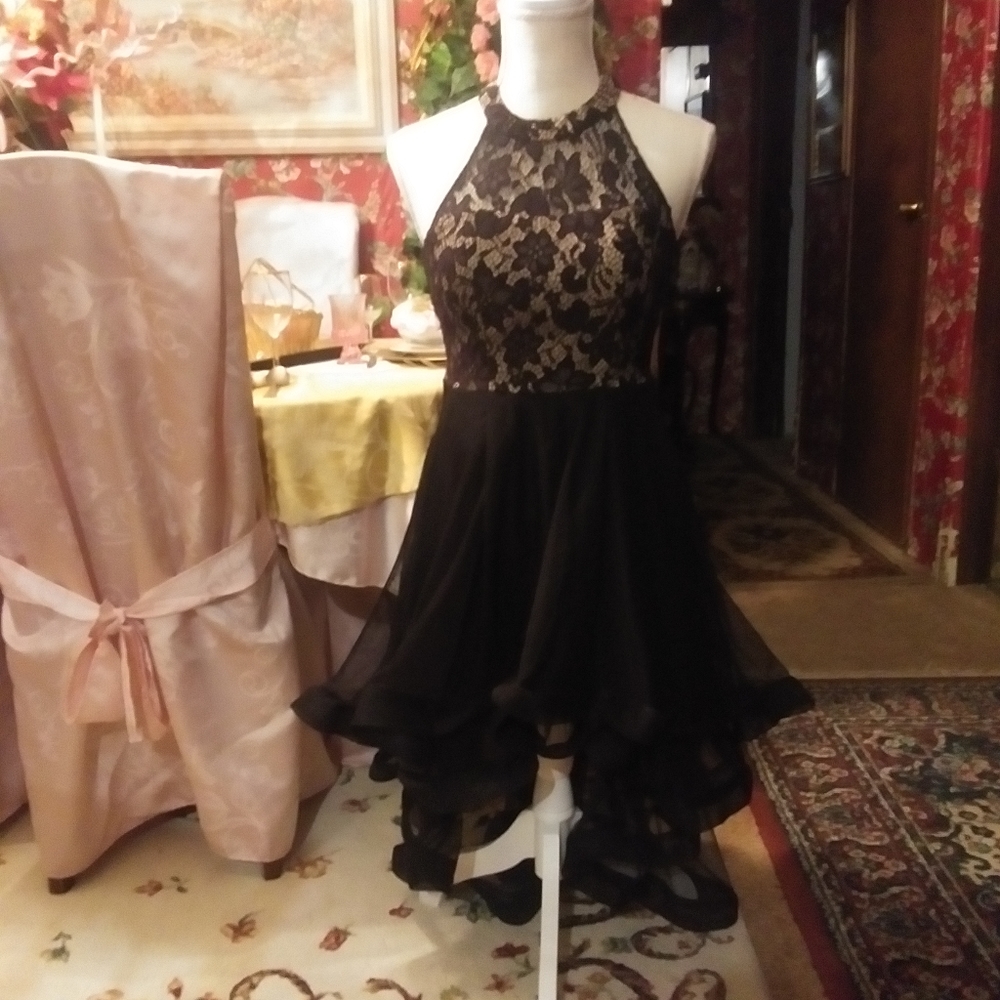 black lace and chiffon dress
